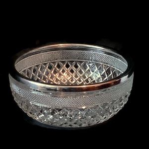 Glass Diamond Cut Serving Bowl W/Silver Plated Rim